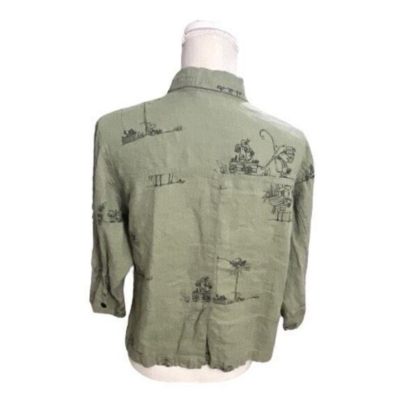 Chico's Sage Green Linen Monkey Print Button-Up Shirt Size 0 (4) Slit 3/4-Sleeve - Picture 6 of 13